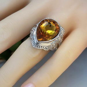 Retro carved gemstone water drop crystal alloy ring